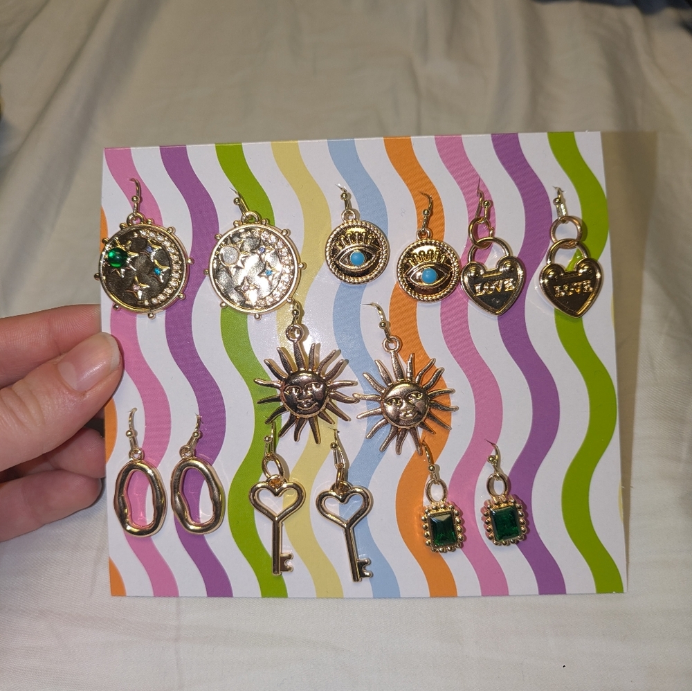 Set Of 7 Gold Tone Earrings Upcycled Dangle Charms Heart Sun Star Trendy